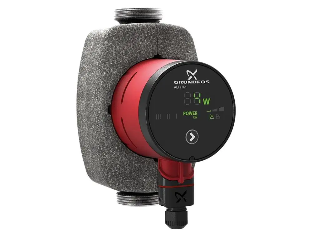 Grundfos Umwälzpumpe in roter und grauer Ausführung mit digitalem Display zur Leistungsanzeige. Anschlussmöglichkeiten sind deutlich sichtbar im oberen Bereich.